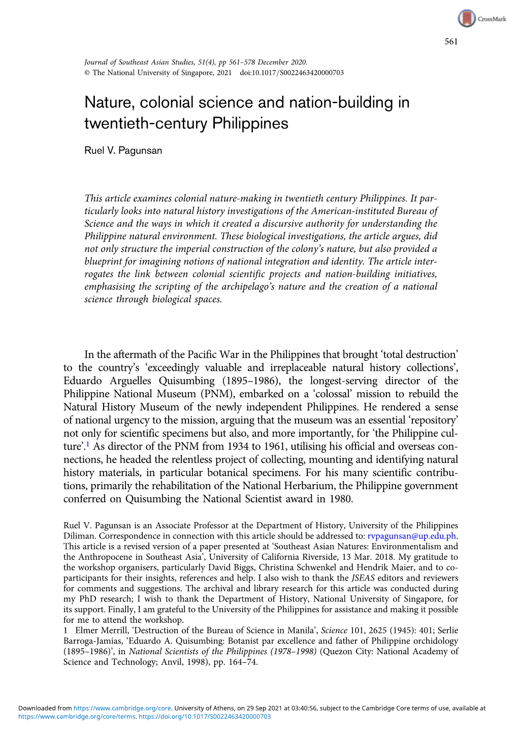 Nature, Colonial Science and Nation-Building in Twentieth-Century Philippines