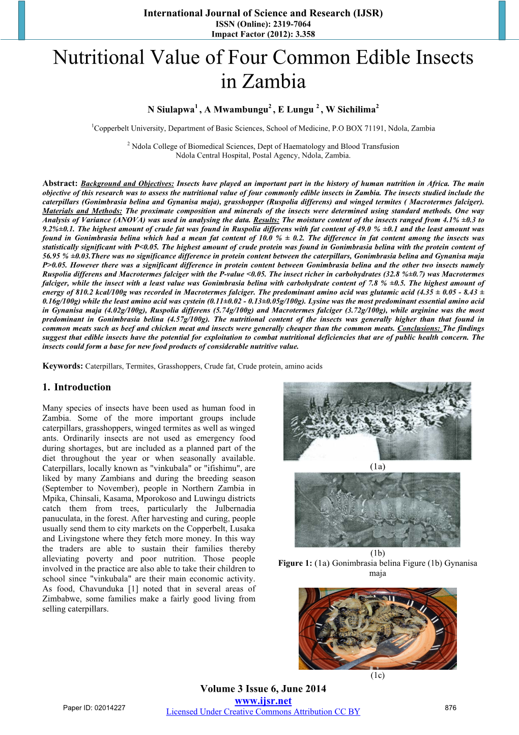 Nutritional Value of Four Common Edible Insects in Zambia