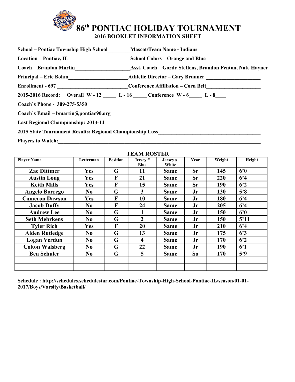 Pontiac Holiday Tournament Booklet Information Sheet