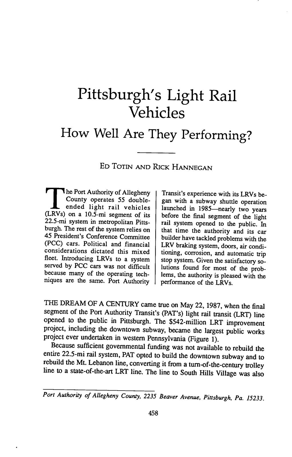 Pittsburgh's Light Rail Vehicles How Well Are They Performing?