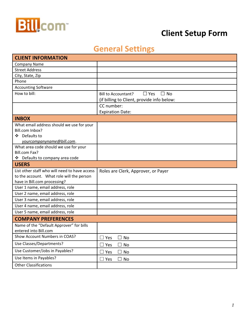 Client Setup Form