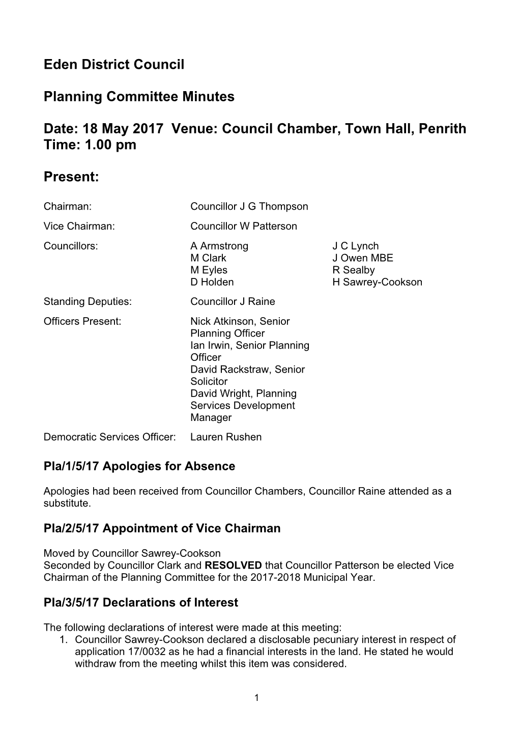Minutes Document for Planning Committee, 18/05/2017 13:00