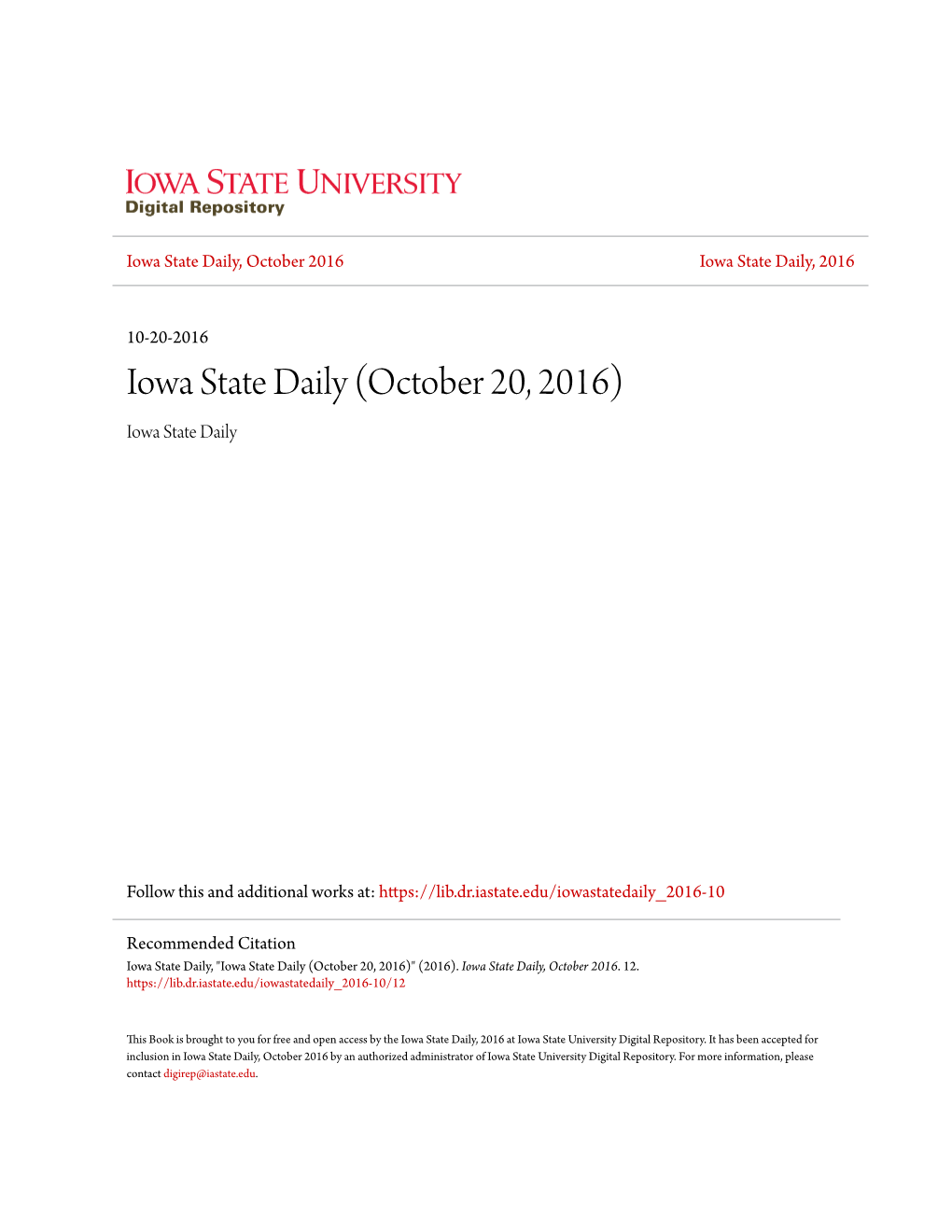 Iowa State Daily, October 2016 Iowa State Daily, 2016