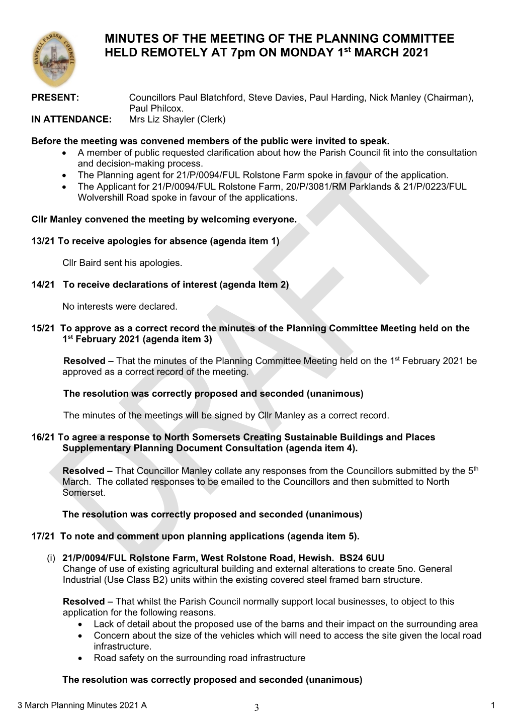 MINUTES of the MEETING of the PLANNING COMMITTEE HELD REMOTELY at 7Pm on MONDAY 1St MARCH 2021