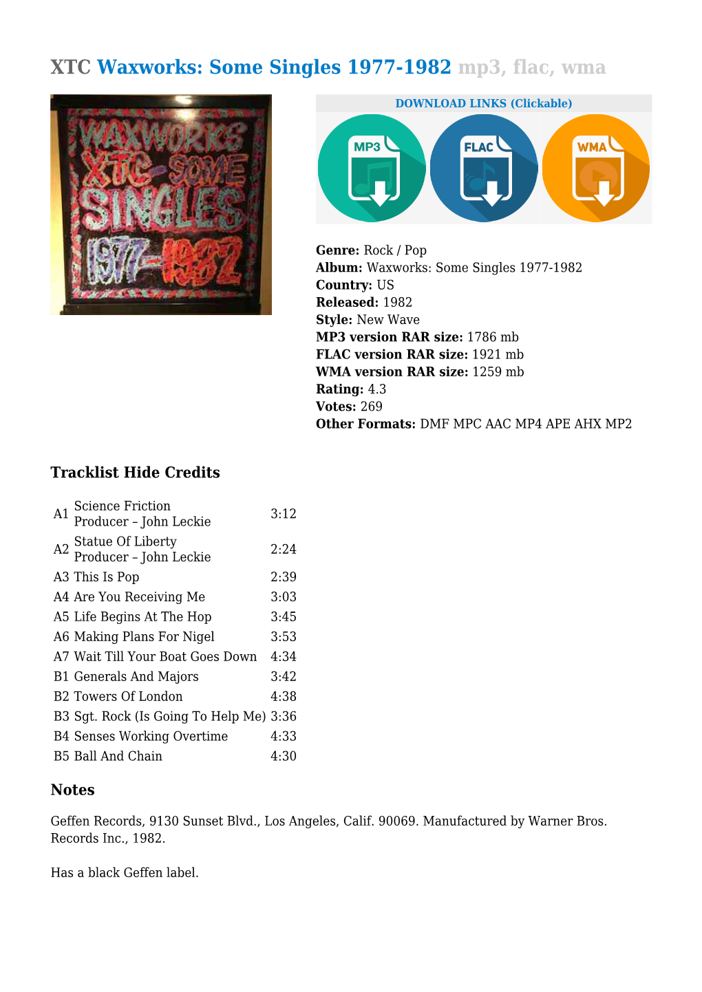 XTC Waxworks: Some Singles 1977-1982 Mp3, Flac, Wma