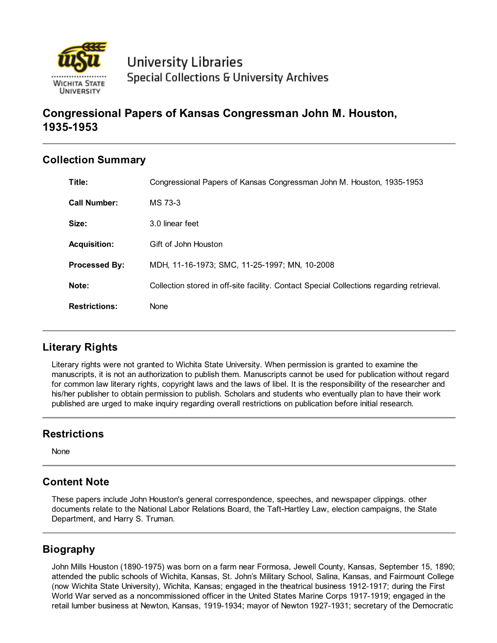 Congressional Papers of Kansas Congressman John M. Houston, 1935�1953