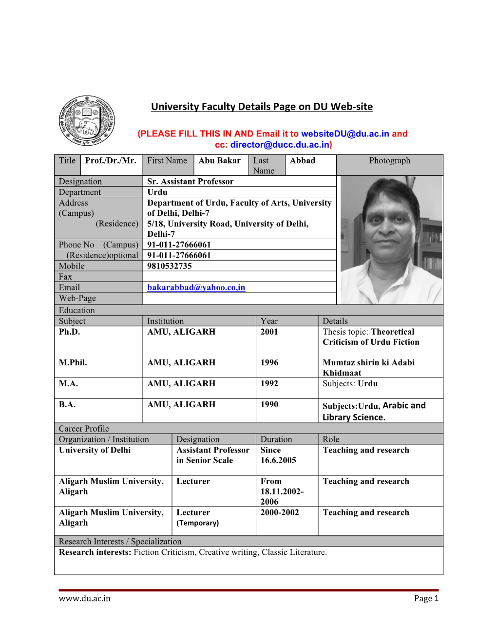 University Faculty Details Page on DU Web-Site