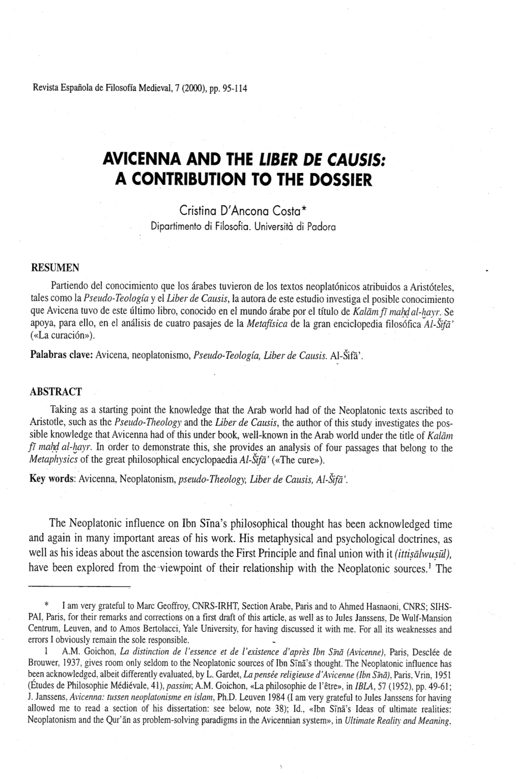 Avicenna and the Liber De Causis: a Contribution to the Dossier