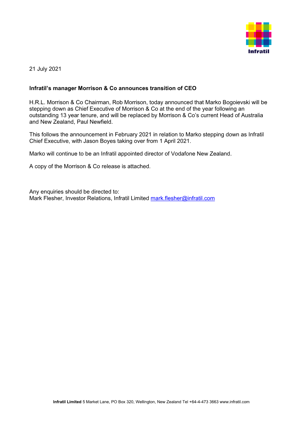 21 July 2021 Infratil's Manager Morrison & Co Announces