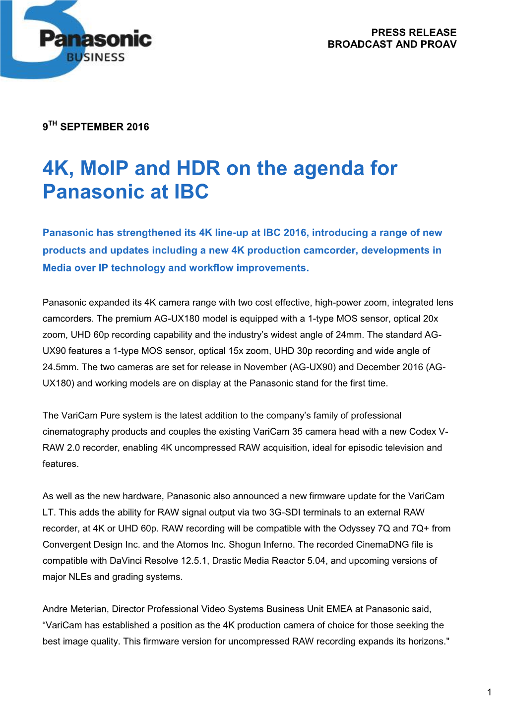 4K, Moip and HDR on the Agenda for Panasonic at IBC