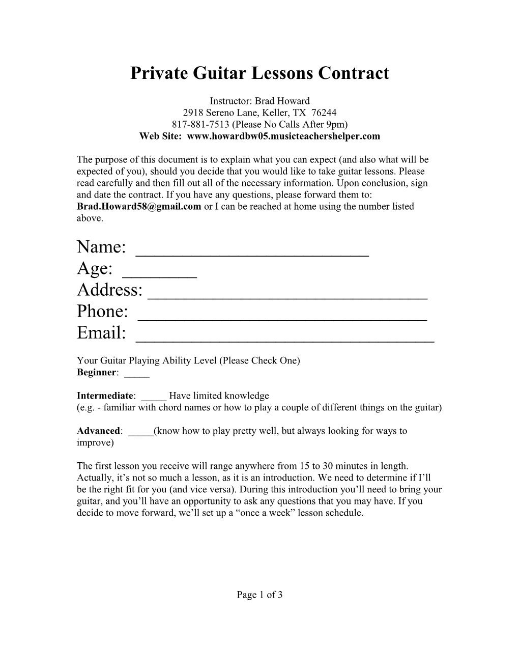 Private Guitar Lessons Contract