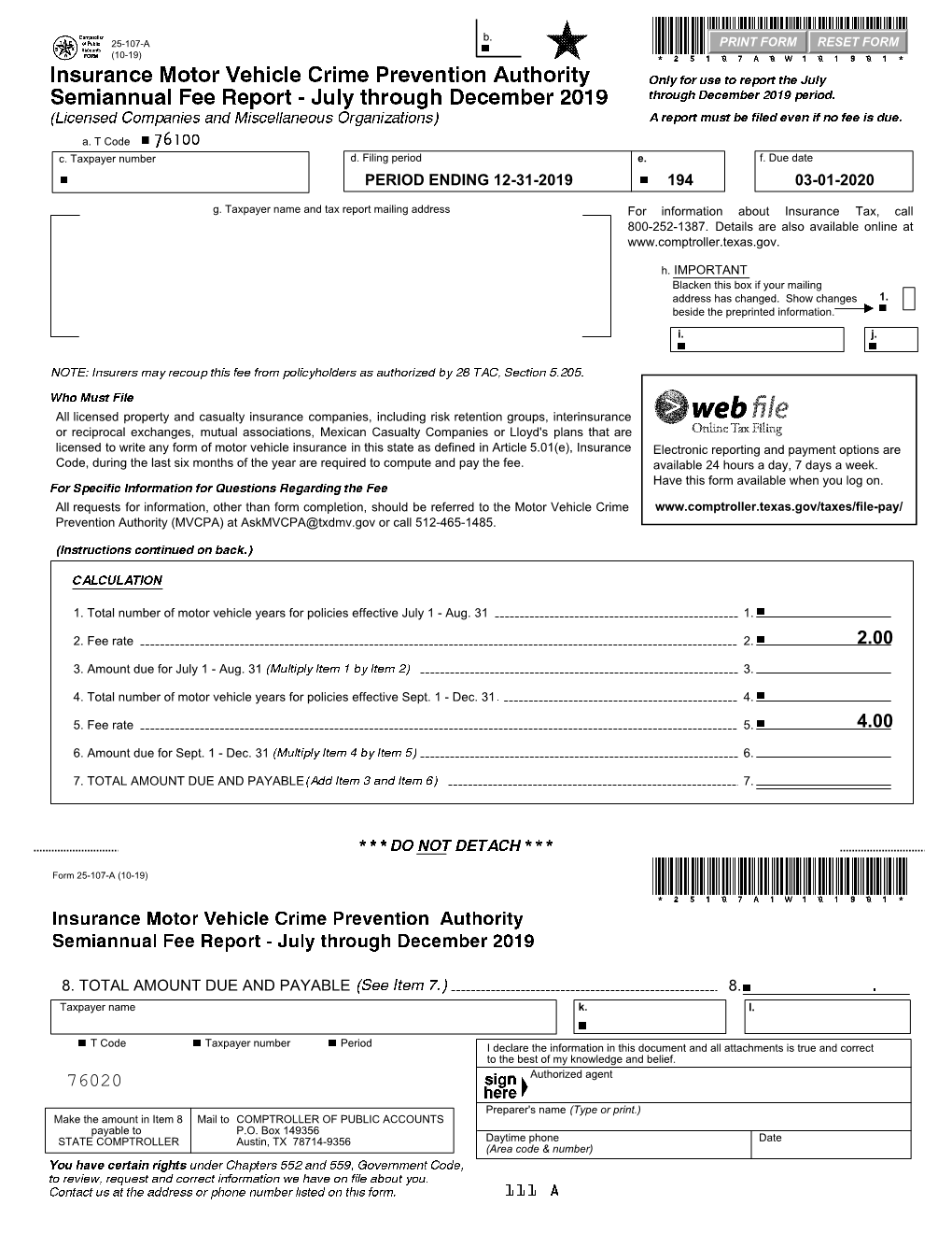 25-107-A Insurance Motor Vehicle Crime Prevention Authority Semiannual Fee Report