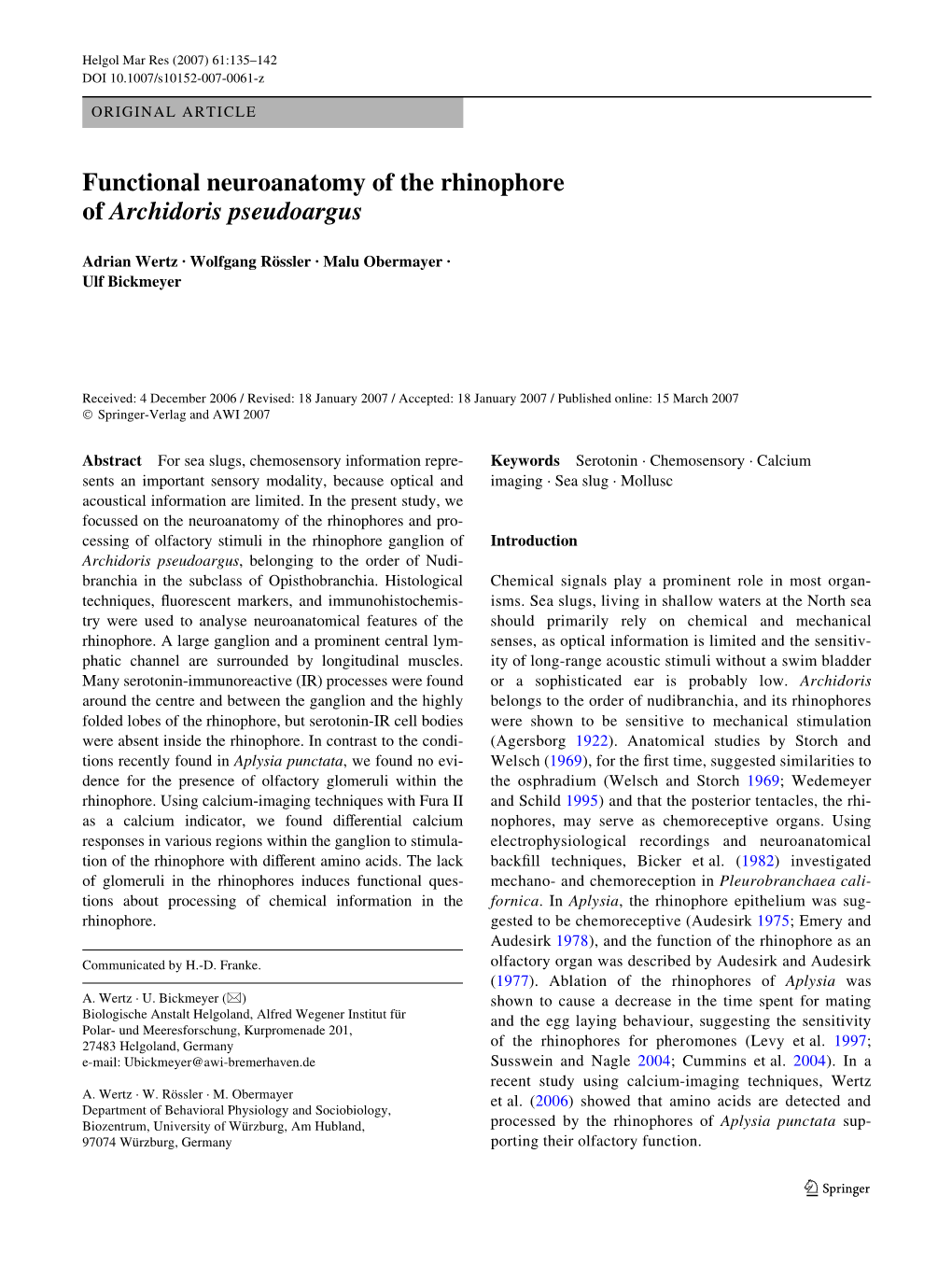 Functional Neuroanatomy of the Rhinophore of Archidoris Pseudoargus
