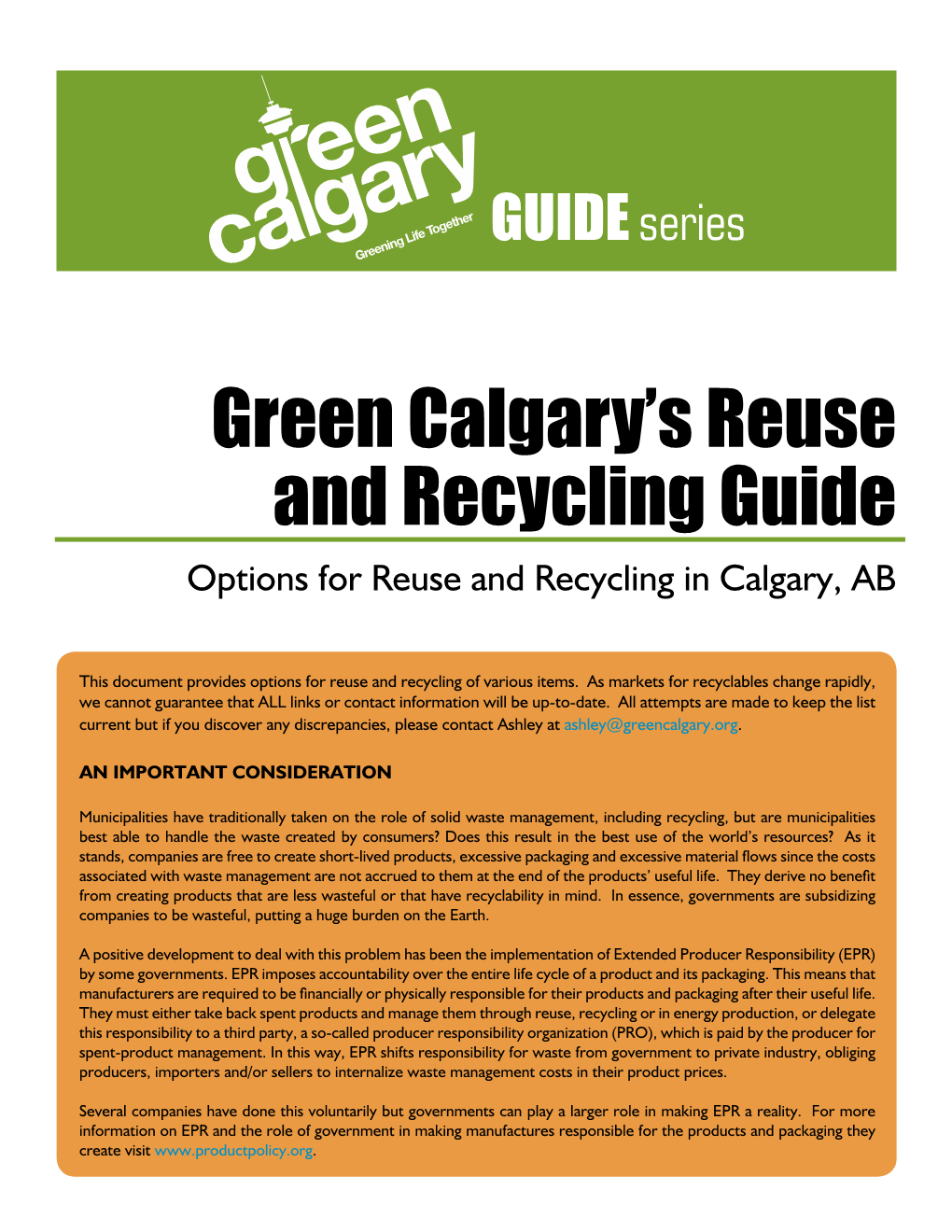 Green Calgary's Reuse and Recycling Guide