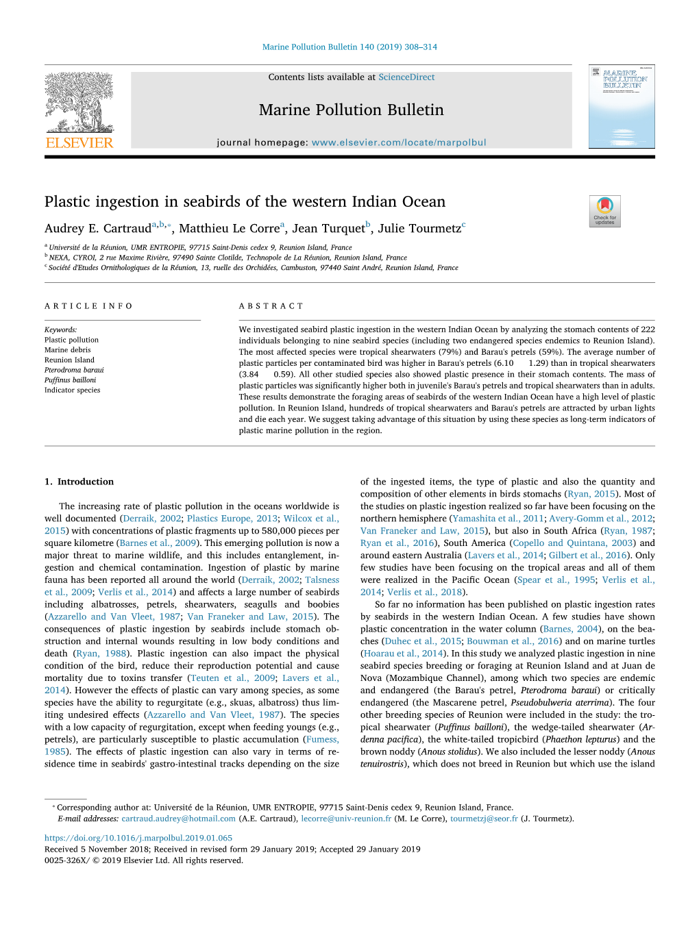 Plastic Ingestion in Seabirds of the Western Indian Ocean T ⁎ Audrey E