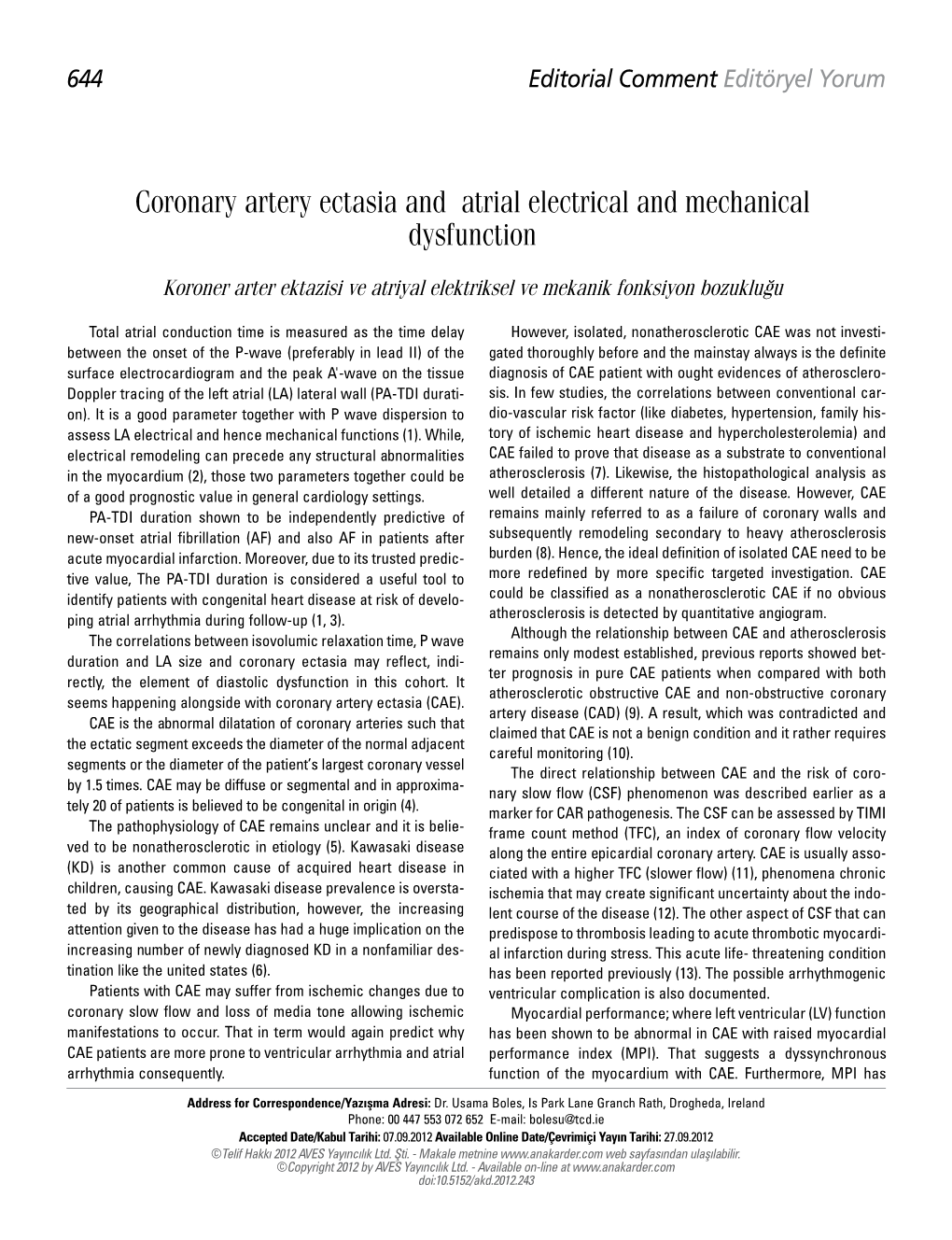 Coronary Artery Ectasia and Atrial Electrical and Mechanical Dysfunction
