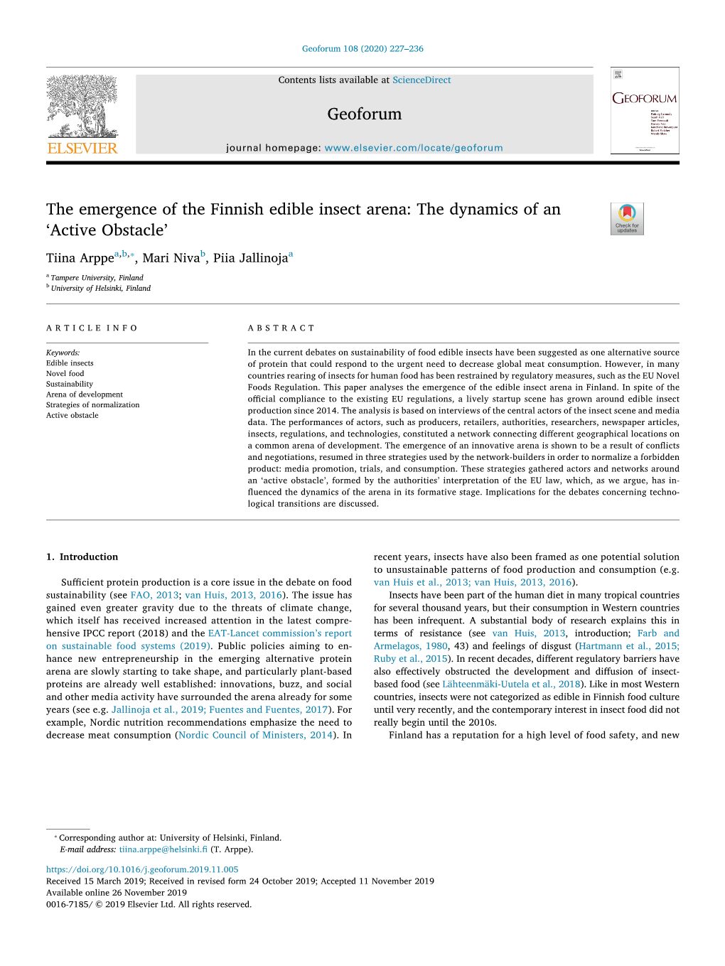 The Emergence of the Finnish Edible Insect Arena the Dynamics of An
