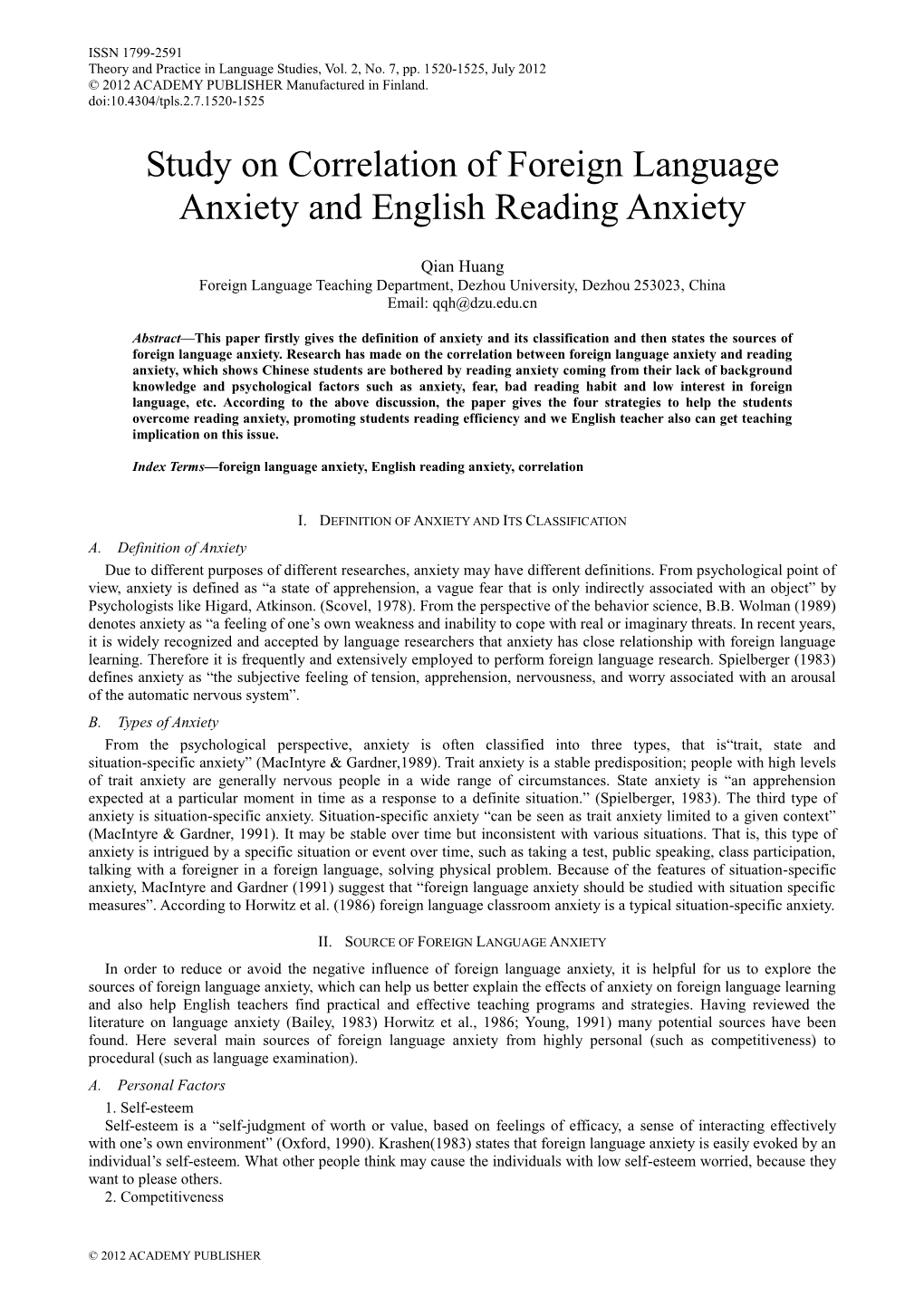 Study on Correlation of Foreign Language Anxiety and English Reading Anxiety
