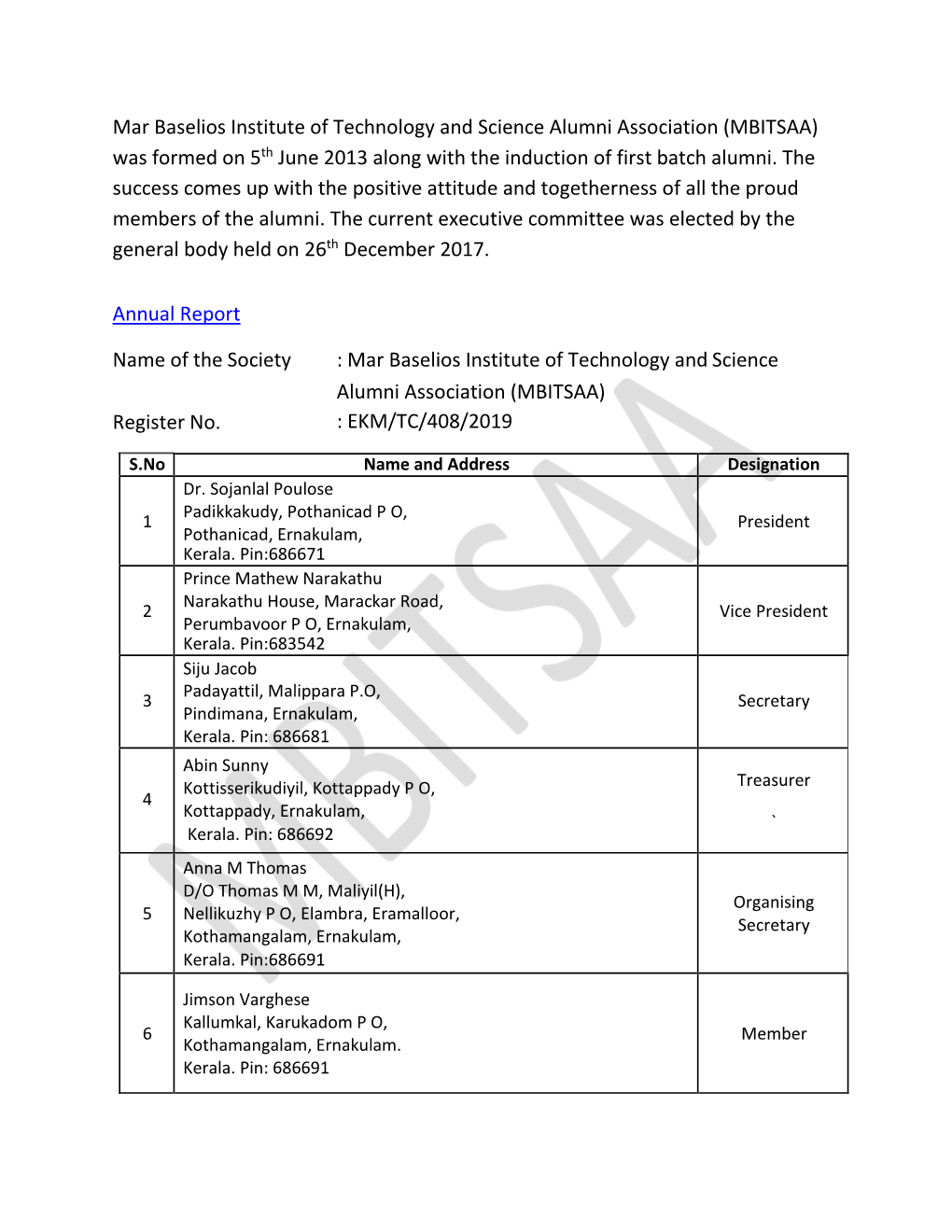 Register No. Alumni Association (MBITSAA) : EKM/TC/408/2019 Mar