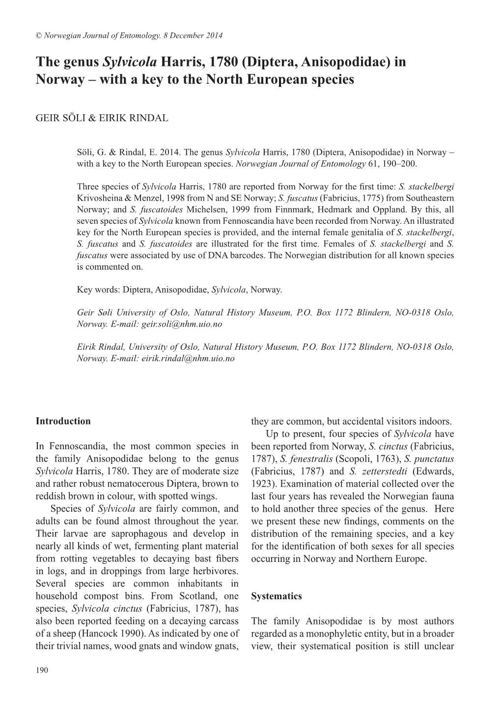 The Genus Sylvicola Harris, 1780 (Diptera, Anisopodidae) in Norway – with a Key to the North European Species