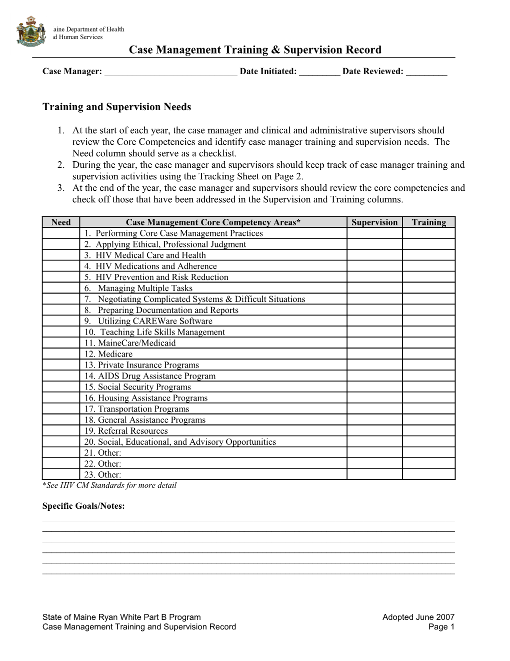 Case Management Training & Supervision Record