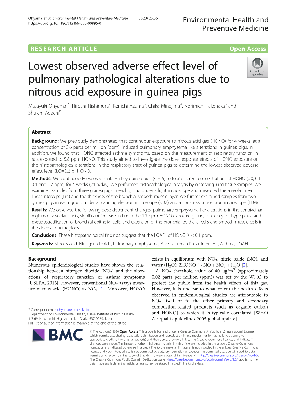 Lowest Observed Adverse Effect Level of Pulmonary Pathological