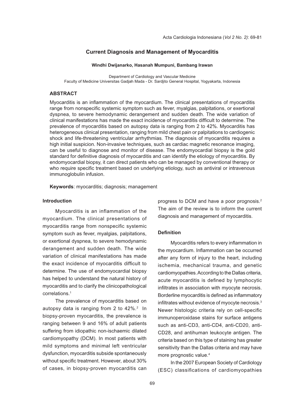 Current Diagnosis and Management of Myocarditis