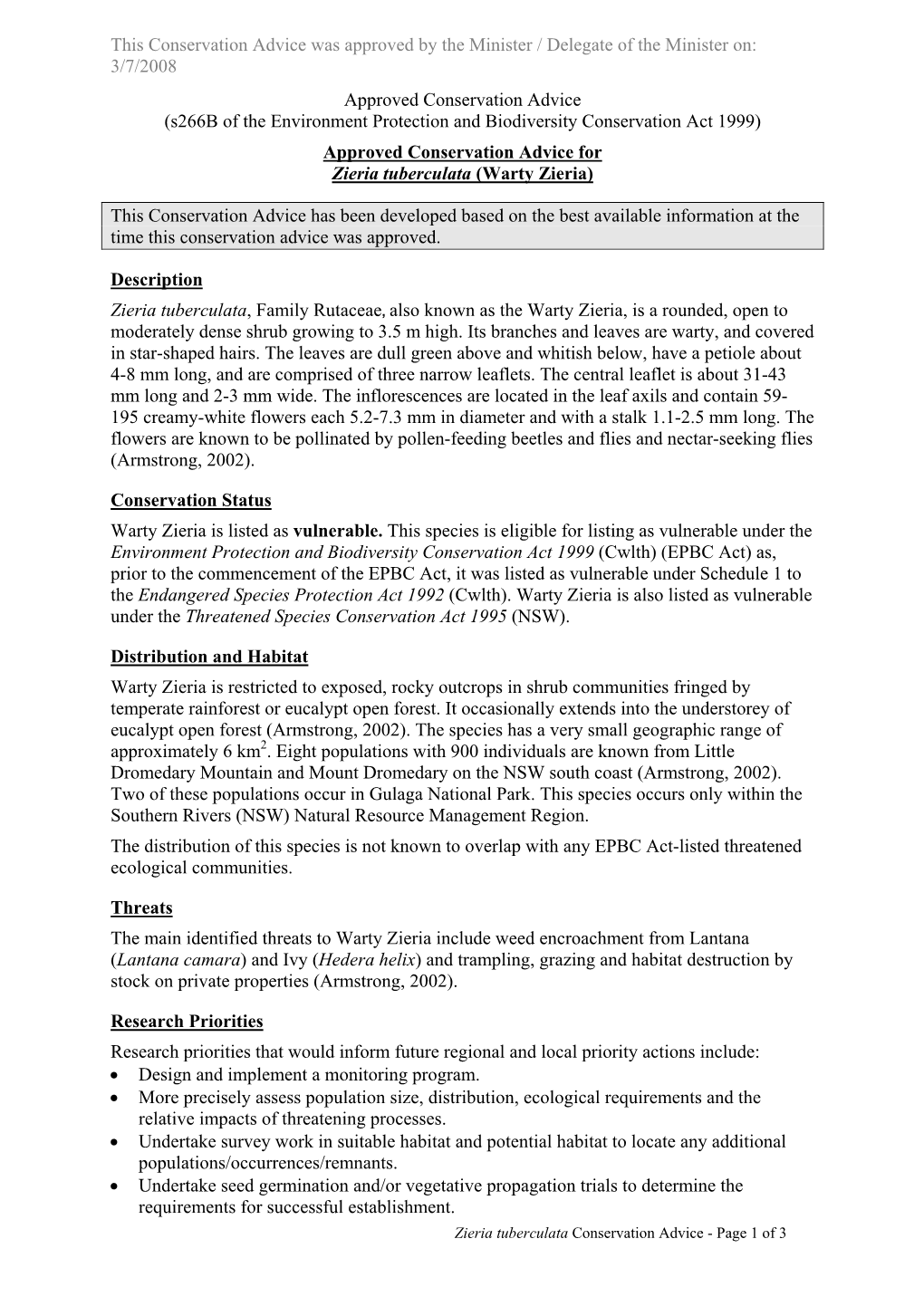 Approved Conservation Advice for Zieria Tuberculata (Warty Zieria)