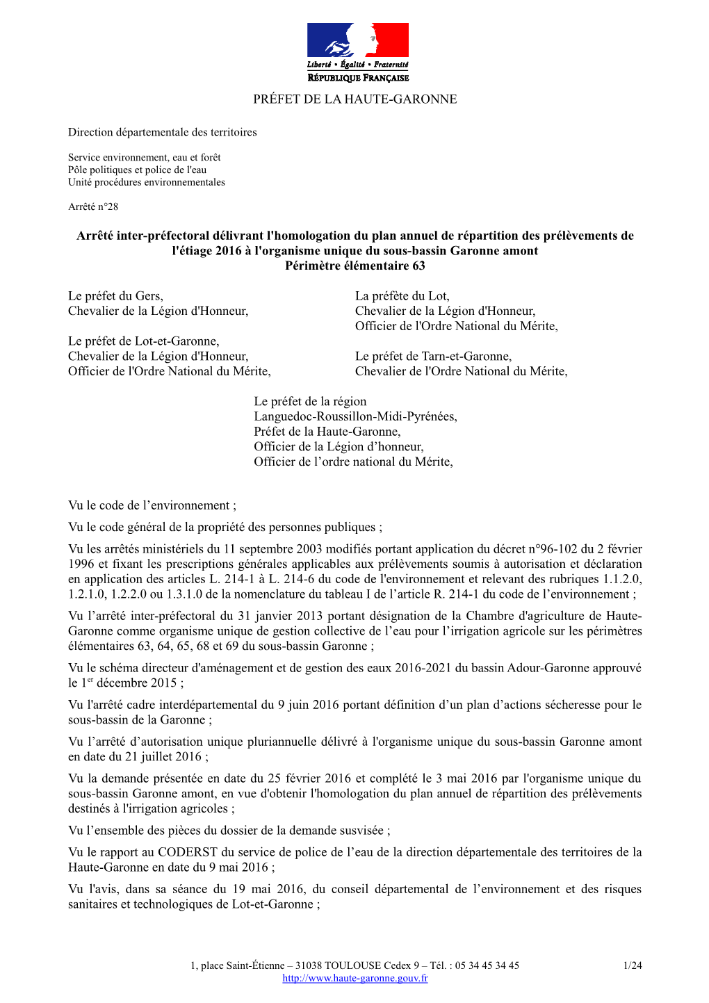 PRÉFET DE LA HAUTE-GARONNE Arrêté Inter-Préfectoral Délivrant L