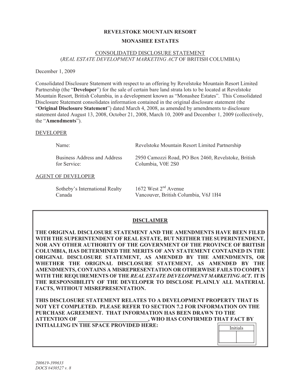 Monashee Estates Disclosure Statement