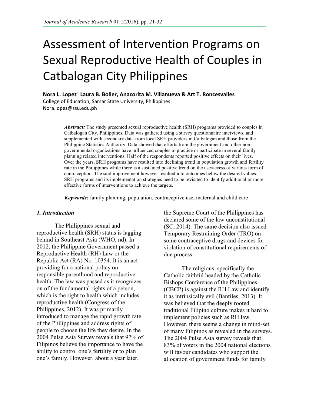 Assessment of Intervention Programs on Sexual Reproductive Health of Couples in Catbalogan City Philippines