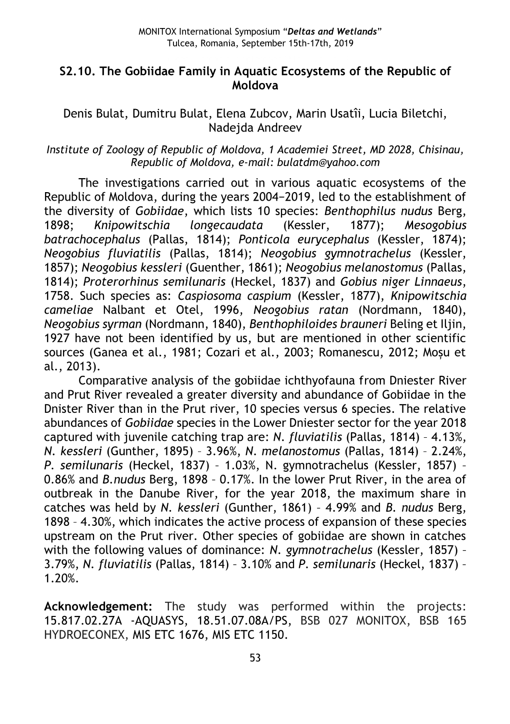 S2.10. the Gobiidae Family in Aquatic Ecosystems of the Republic of Moldova