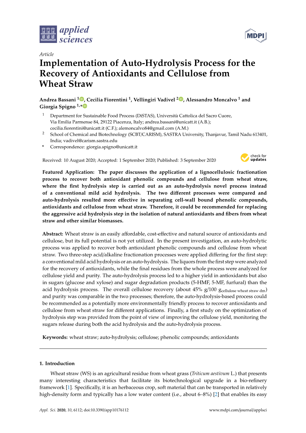 Implementation of Auto-Hydrolysis Process for the Recovery of Antioxidants and Cellulose from Wheat Straw