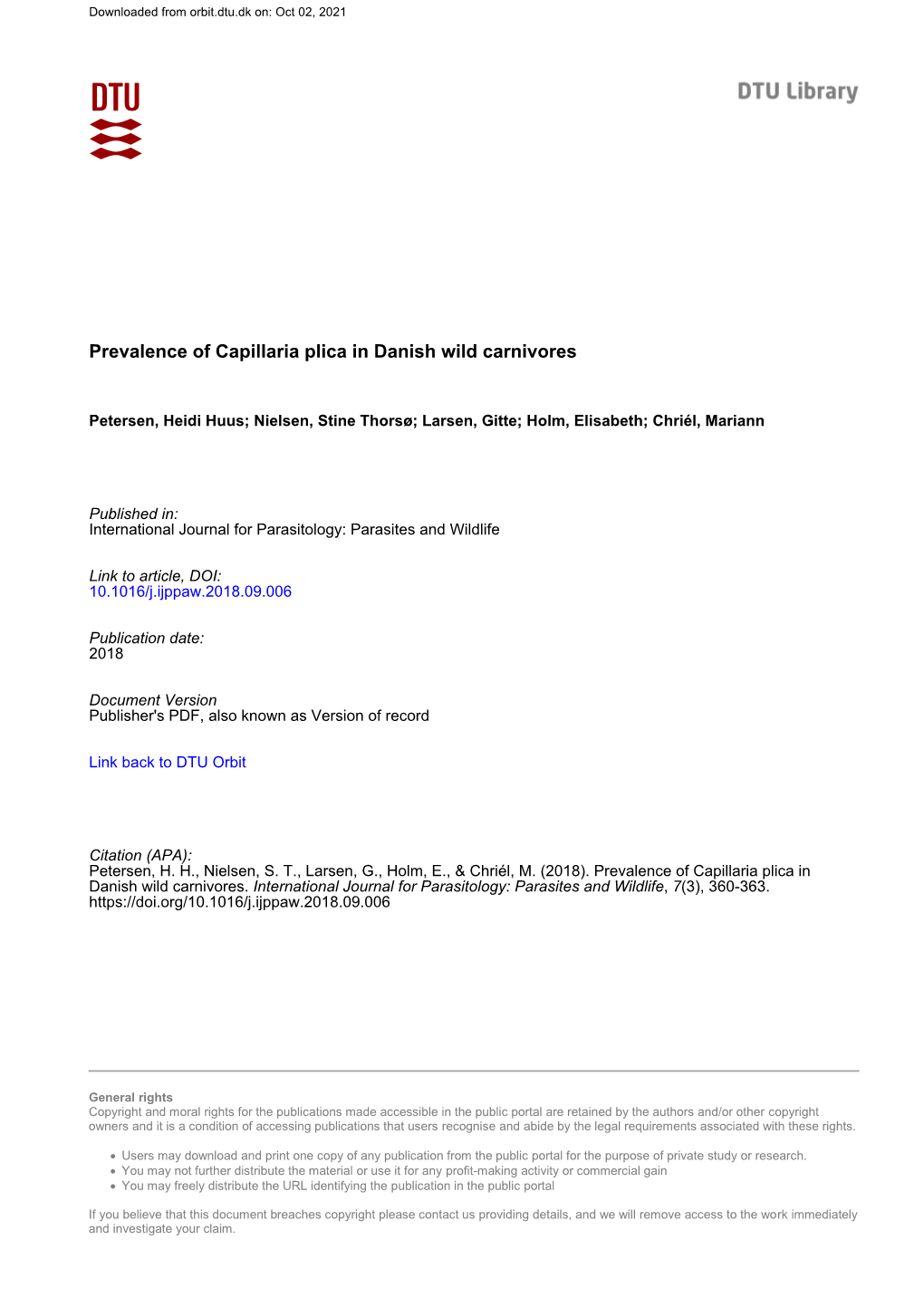 Prevalence of Capillaria Plica in Danish Wild Carnivores