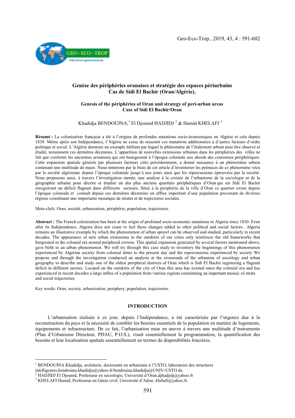 Geo-Eco-Trop., 2019, 43, 4 : 591-602 Genèse Des Périphéries Oranaises Et Stratégie Des Espaces Périurbains Cas De Sidi El B