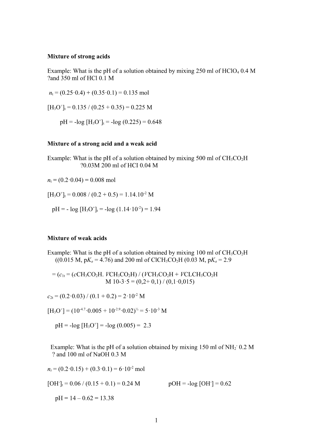 Example : What Is the Ph of a Solution Obtained by Mixing 250 Ml of Hclo4 0