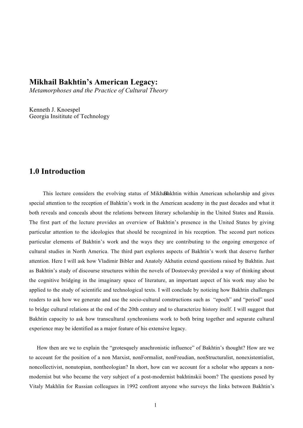 Mikhail Bakhtin's American Legacy: 1.0 Introduction