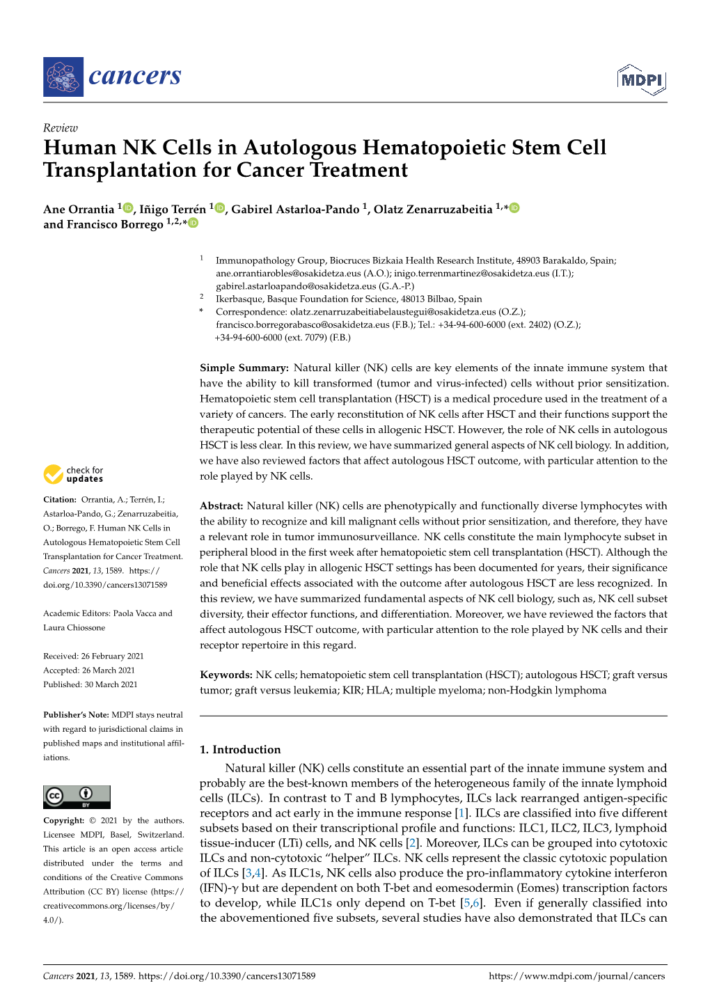 Human NK Cells in Autologous Hematopoietic Stem Cell Transplantation for Cancer Treatment