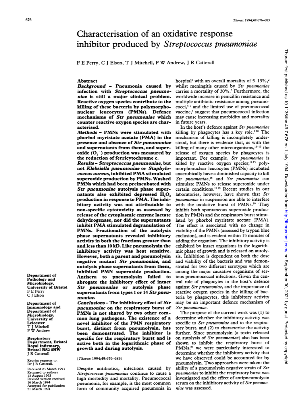 Characterisation of an Oxidative Response Inhibitor Produced by Streptococcus Pneumoniae Thorax: First Published As 10.1136/Thx.49.7.676 on 1 July 1994