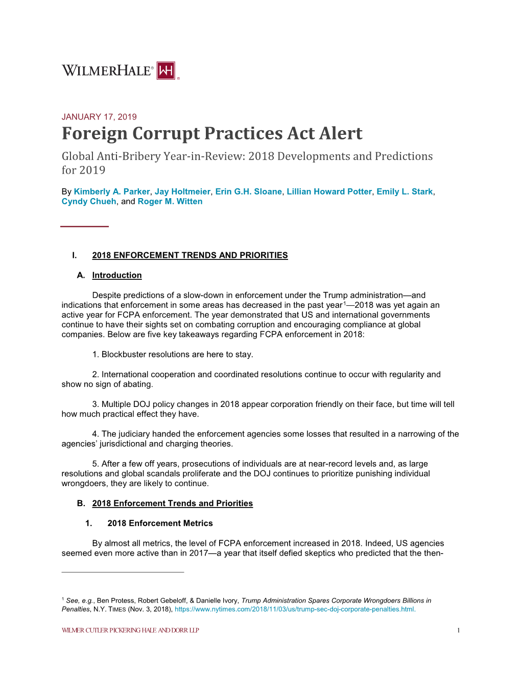 Foreign Corrupt Practices Act Alert Global Anti-Bribery Year-In-Review: 2018 Developments and Predictions for 2019