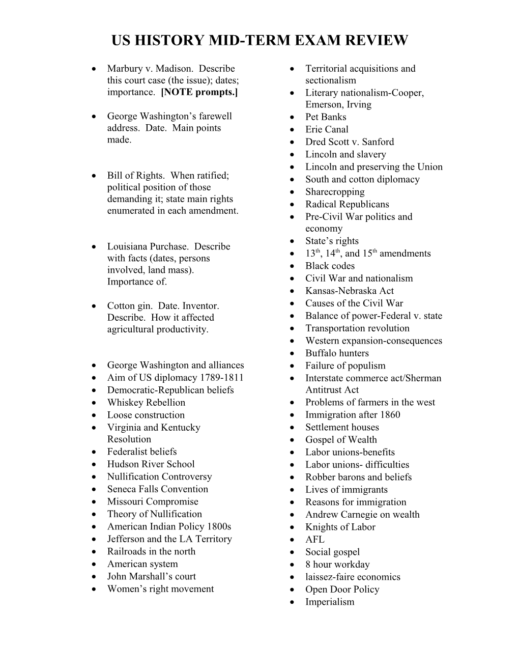 Us History Mid-Term Exam Review