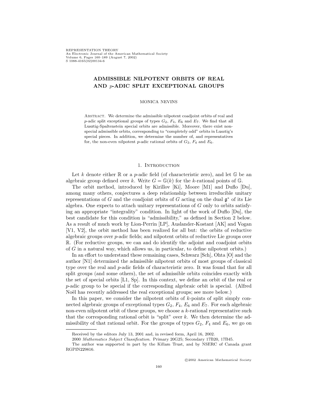 ADMISSIBLE NILPOTENT ORBITS of REAL and P-ADIC SPLIT EXCEPTIONAL GROUPS