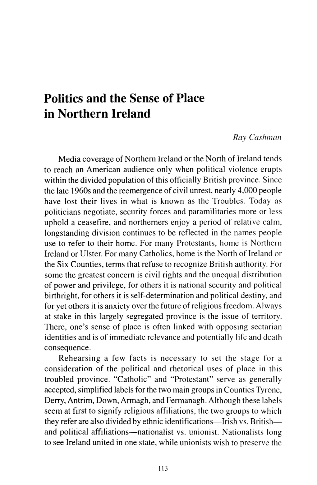 Politics and the Sense of Place in Northern Ireland