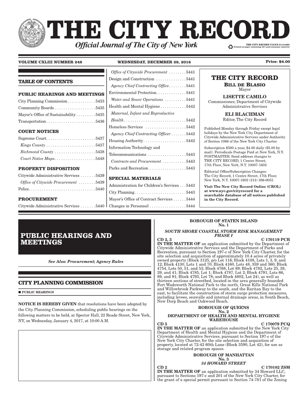 THE CITY RECORD TABLE of CONTENTS Agency Chief Contracting Office