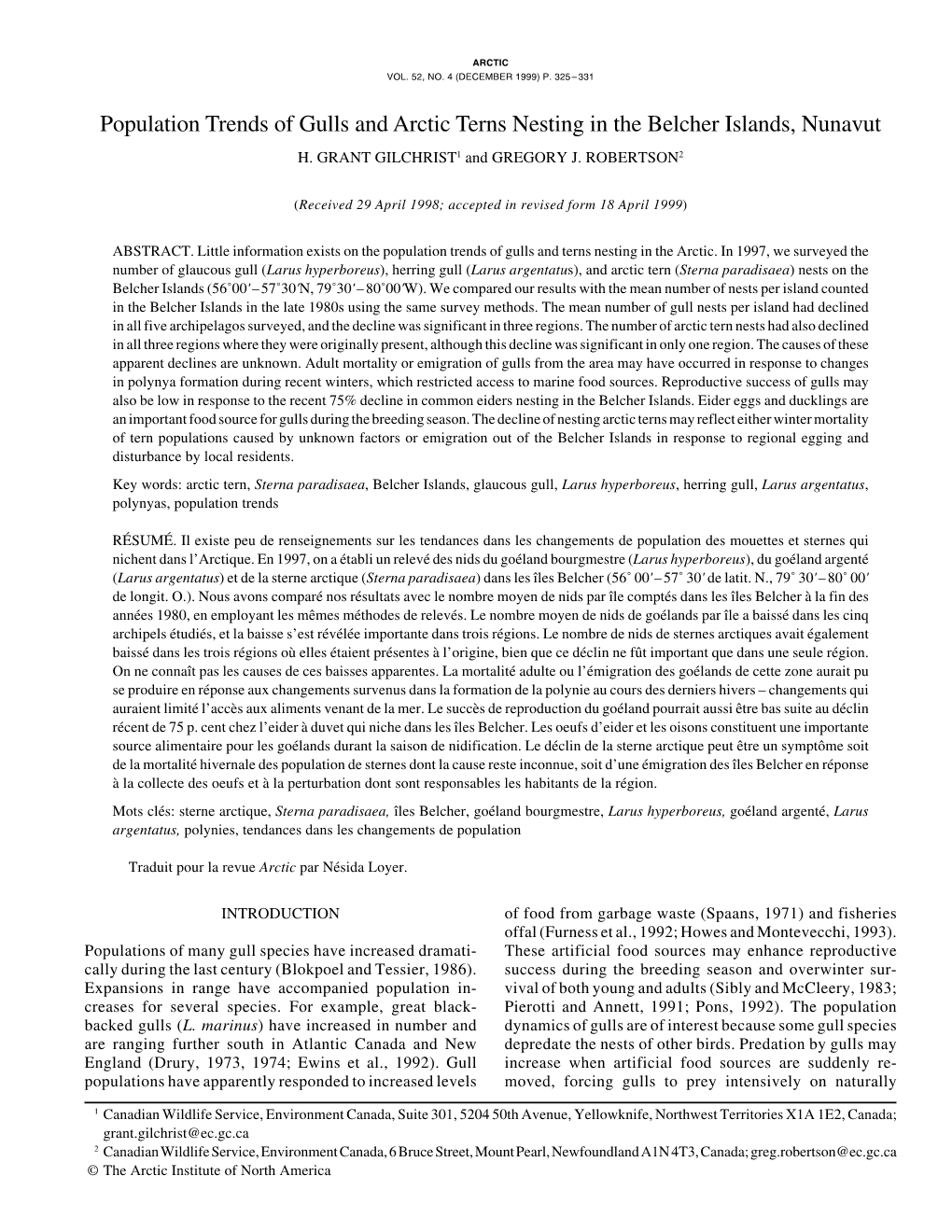 Population Trends of Gulls and Arctic Terns Nesting in the Belcher Islands, Nunavut H