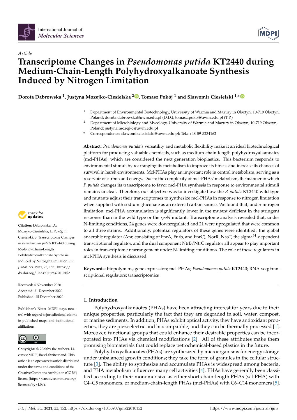 Transcriptome Changes in Pseudomonas Putida KT2440 During Medium-Chain-Length Polyhydroxyalkanoate Synthesis Induced by Nitrogen Limitation