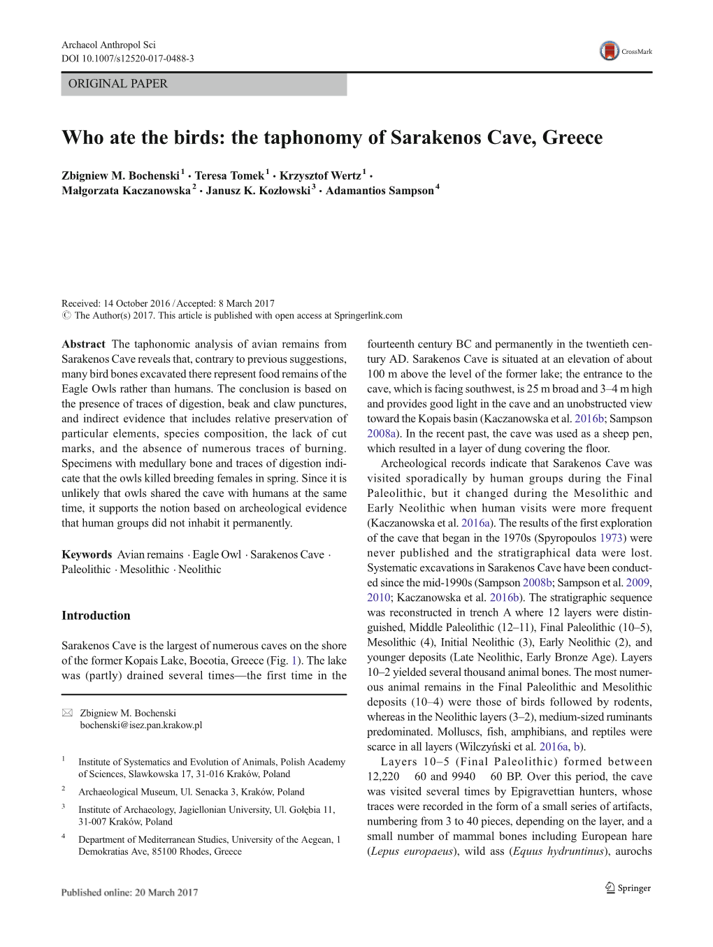 Who Ate the Birds: the Taphonomy of Sarakenos Cave, Greece