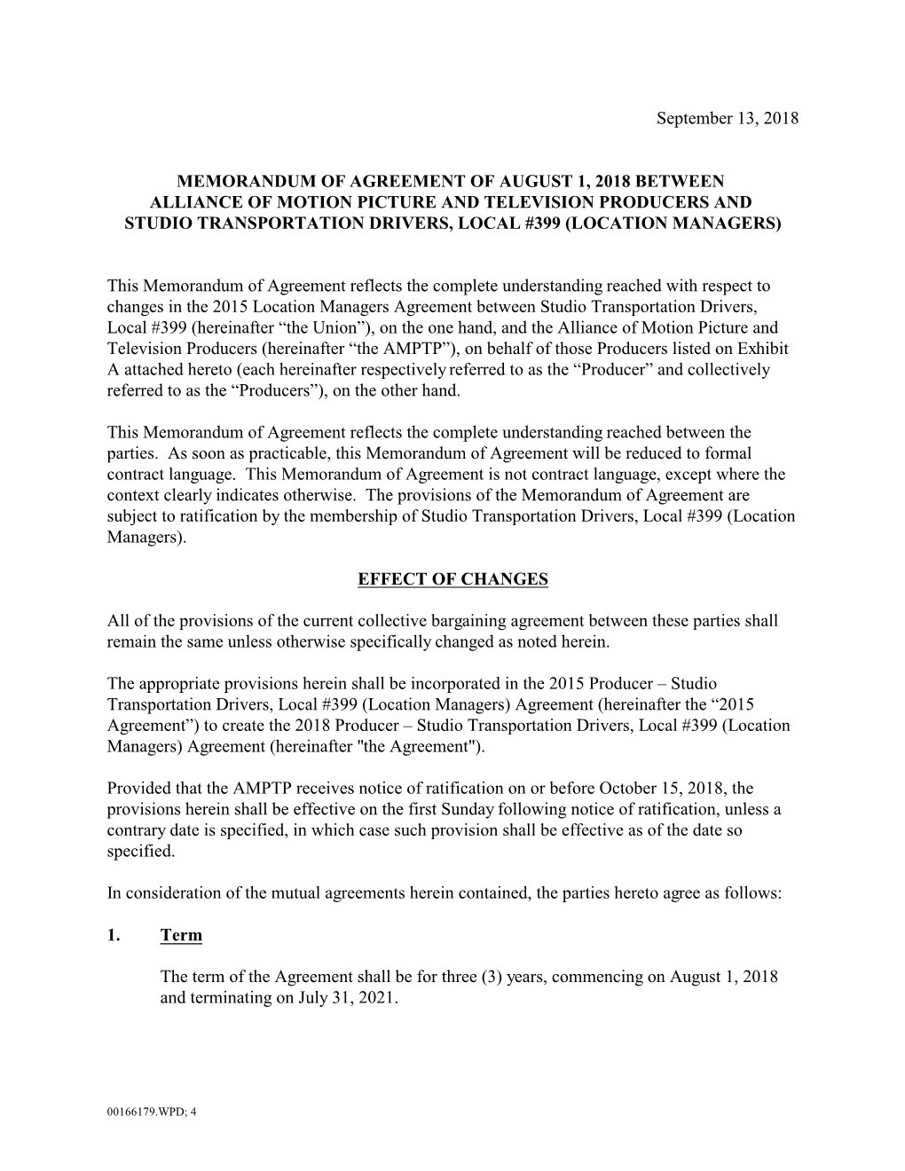 September 13, 2018 MEMORANDUM of AGREEMENT of AUGUST 1