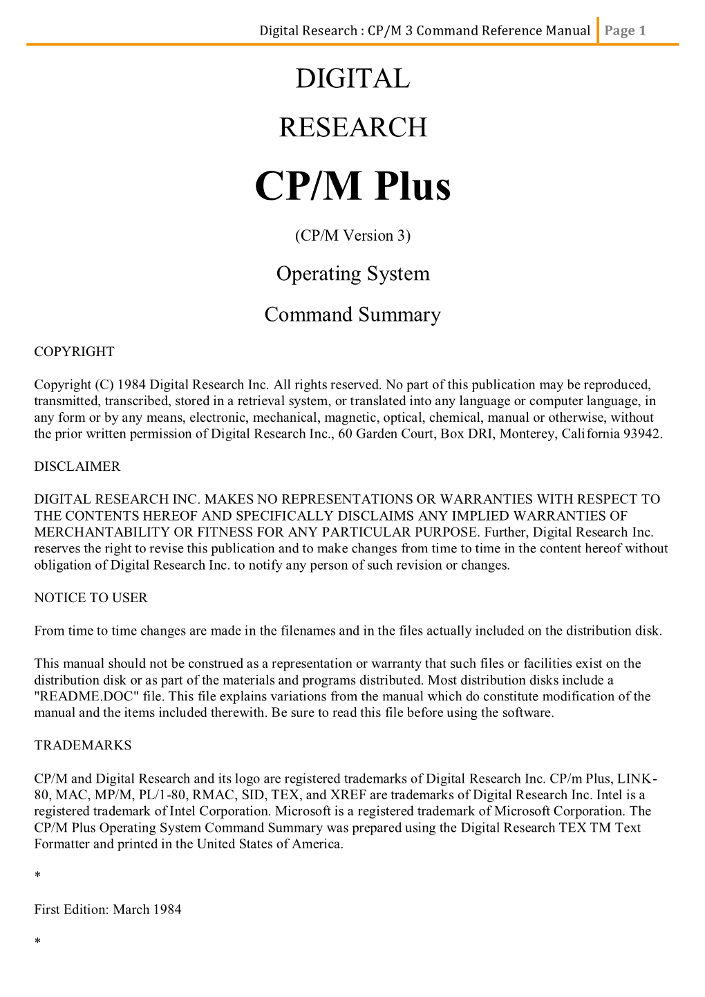 Digital Research : CP/M 3 Command Reference Manual Page 1