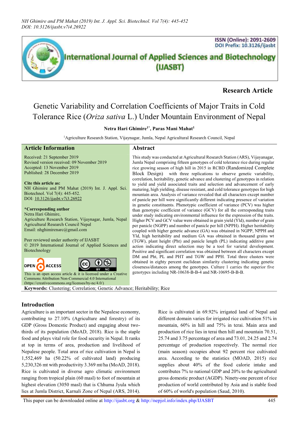 Genetic Variability and Correlation Coefficients of Major Traits in Cold Tolerance Rice (Oriza Sativa L.) Under Mountain Environment of Nepal